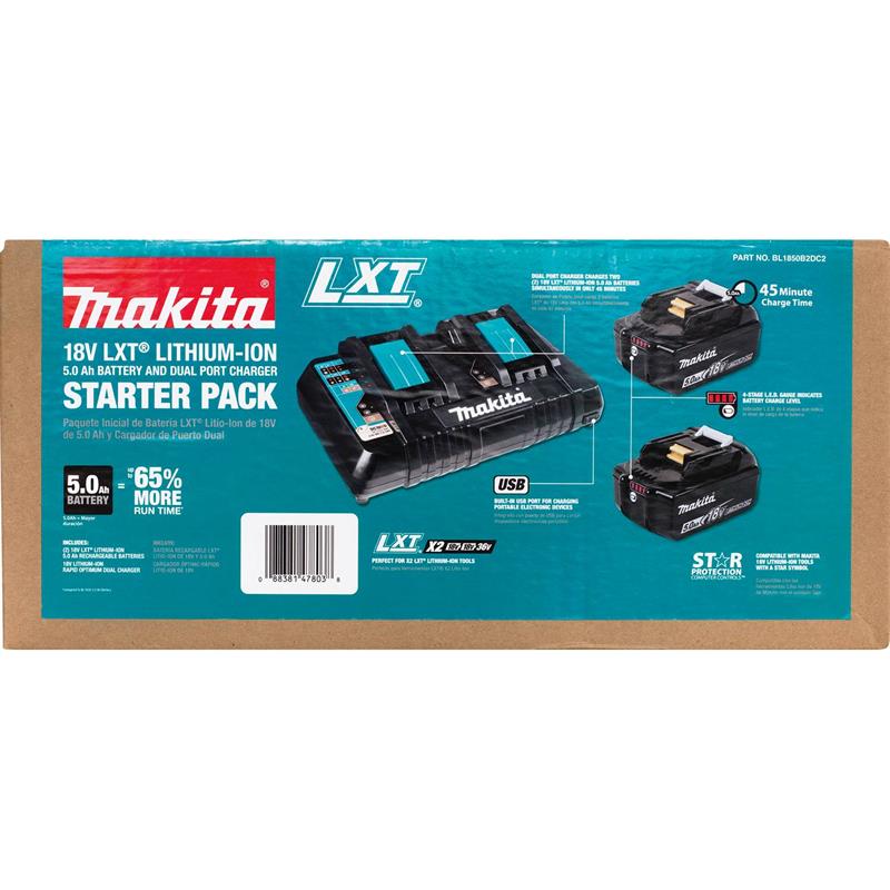 Makita BL1850B2DC2 5.0 Ah 18V LXT Lithium-Ion Battery and Dual